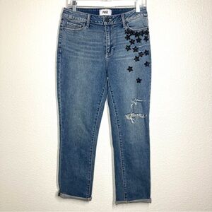 PAIGE Blue Straight Leg Jeans with Black Star Appliqués